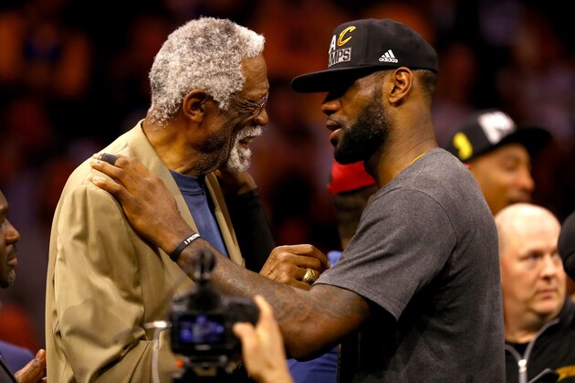 OAKLAND, CA - JUNE 19:  LeBron James #23 of the Cleveland Cavaliers speaks with Bill Russell after being named the NBA Finals Most Valuable Player after defeating the Golden State Warriors 93-89 in Game 7 of the 2016 NBA Finals at ORACLE Arena on June 19, 2016 in Oakland, California. NOTE TO USER: User expressly acknowledges and agrees that, by downloading and or using this photograph, User is consenting to the terms and conditions of the Getty Images License Agreement.  (Photo by Ezra Shaw/Getty Images)