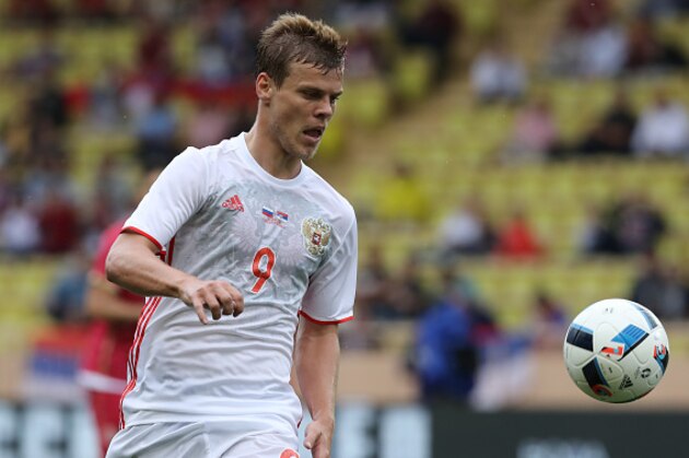 Russia's Alexander Kokorin drives the ball during the friendly football match between Serbia and Russia on June 5, 2016 at the Louis II Stadium in Monaco.   / AFP / VALERY HACHE        (Photo credit should read VALERY HACHE/AFP/Getty Images)