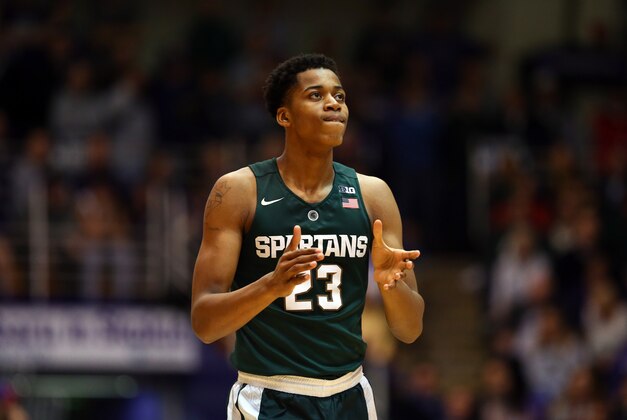 Jan 28, 2016; Evanston, IL, USA; Michigan State Spartans forward Deyonta Davis (23) celebrates during the game against the Northwestern Wildcats at Welsh-Ryan Arena. Mandatory Credit: Caylor Arnold-USA TODAY Sports