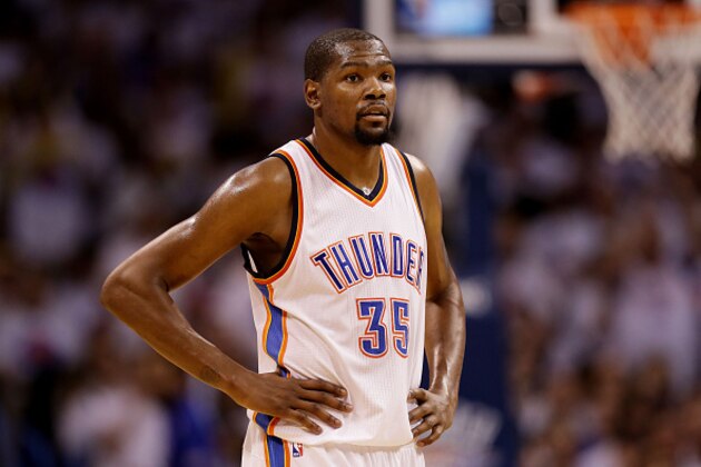 OKLAHOMA CITY, OK - MAY 24:  Kevin Durant #35 of the Oklahoma City Thunder reacts in the third quarter against the Golden State Warriors in game four of the Western Conference Finals during the 2016 NBA Playoffs at Chesapeake Energy Arena on May 24, 2016 in Oklahoma City, Oklahoma. NOTE TO USER: User expressly acknowledges and agrees that, by downloading and or using this photograph, User is consenting to the terms and conditions of the Getty Images License Agreement.  (Photo by Ronald Martinez/Getty Images)