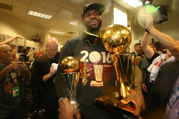 OAKLAND, CA - JUNE 19:  LeBron James #23 of the Cleveland Cavaliers celebrates after winning Game Seven of the 2016 NBA Finals against the Golden State Warriors on June 19, 2016 at Oracle Arena in Oakland, California. NOTE TO USER: User expressly acknowledges and agrees that, by downloading and or using this photograph, user is consenting to the terms and conditions of Getty Images License Agreement. Mandatory Copyright Notice: Copyright 2016 NBAE (Photo by Nathaniel S. Butler/NBAE via Getty Images)