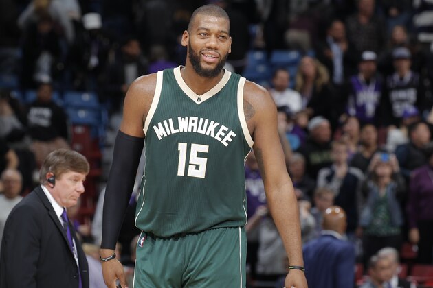 SACRAMENTO, CA - FEBRUARY 1: Greg Monroe #15 of the Milwaukee Bucks looks on during the game against the Sacramento Kings on February 1, 2016 at Sleep Train Arena in Sacramento, California. NOTE TO USER: User expressly acknowledges and agrees that, by downloading and or using this photograph, User is consenting to the terms and conditions of the Getty Images Agreement. Mandatory Copyright Notice: Copyright 2016 NBAE (Photo by Rocky Widner/NBAE via Getty Images)