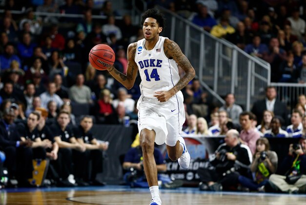 Mar 19, 2016; Providence, RI, USA; Duke Blue Devils guard Brandon Ingram (14) brings the ball up court during the first half of a second round game against the Yale Bulldogs in 2016 NCAA Tournament at Dunkin Donuts Center. Mandatory Credit: Mark L. Baer-USA TODAY Sports