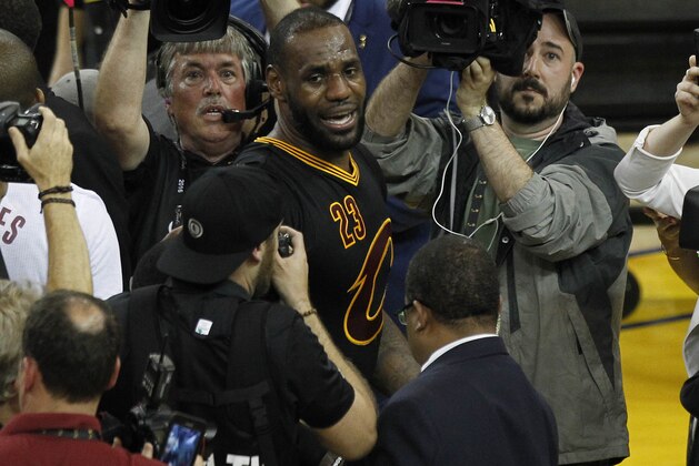 June 19, 2016; Oakland, CA, USA; Cleveland Cavaliers fforward LeBron James (23) celebrates the 93-89 victory against Golden State Warriors in game seven of the NBA Finals at Oracle Arena. Mandatory Credit: Cary Edmondson-USA TODAY Sports