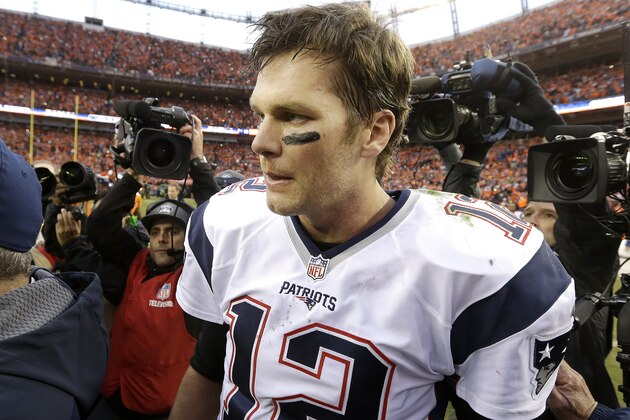 New England Patriots quarterback Tom Brady walks off the field following the AFC Championship game between the Denver Broncos and the New England Patriots, Sunday, Jan. 24, 2016, in Denver. The Broncos defeated the Patriots 20-18 to advance to the Super Bowl. (AP Photo/Chris Carlson)