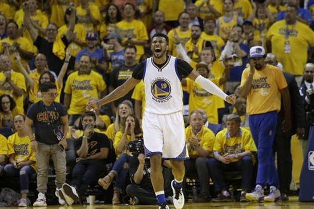 Golden State Warriors guard Leandro Barbosa (19) reacts after scoring against the Cleveland Cavaliers during the second half of Game 2 of basketball's NBA Finals in Oakland, Calif., Sunday, June 5, 2016. (AP Photo/Marcio Jose Sanchez)