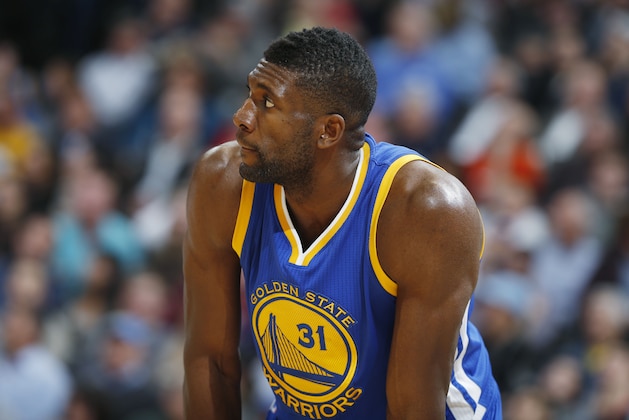 Golden State Warriors center Festus Ezeli (31) during the second half of an NBA basketball game Wednesday, Jan. 13, 2016, in Denver. The Nuggets won 112-110. (AP Photo/David Zalubowski)