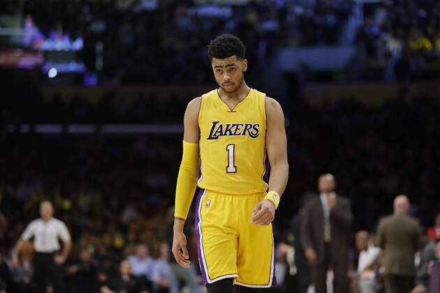 Los Angeles Lakers' D'Angelo Russell makes his way down the court during the first half of an NBA basketball game against the Atlanta Hawks, Friday, March 4, 2016, in Los Angeles. (AP Photo/Jae C. Hong)