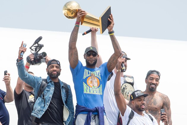 CLEVELAND, OH -  JUNE 20: Kyrie Irving #2, LeBron James #23, Tristan Thompson #13, Kevin Love #0 and J.R. Smith #5 of the Cleveland Cavaliers return to Cleveland after wining the NBA Championships on June 20, 2016 in Cleveland, Ohio. (Photo by Jason Miller/Getty Images)