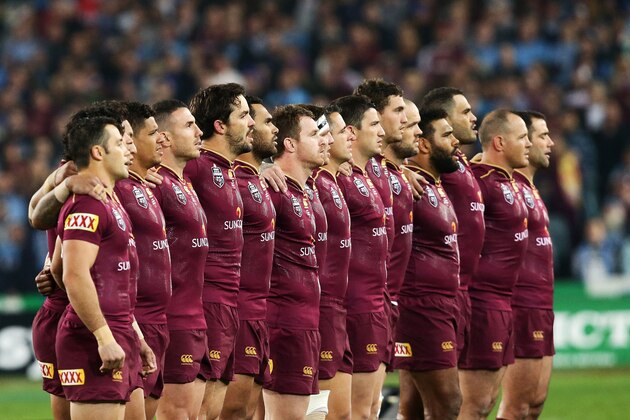 SYDNEY, AUSTRALIA - JUNE 01:  The Queensland Maroons line up for the national anthem during game one of the State Of Origin series between the New South Wales Blues and the Queensland Maroons at ANZ Stadium on June 1, 2016 in Sydney, Australia.  (Photo by Matt King/Getty Images)
