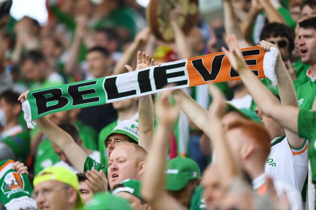 BORDEAUX, FRANCE - JUNE 18:  A Republic of Ireland supporter enjoys the match atmosphere during the UEFA EURO 2016 Group E match between Belgium and Republic of Ireland at Stade Matmut Atlantique on June 18, 2016 in Bordeaux, France.  (Photo by Dennis Grombkowski/Getty Images)