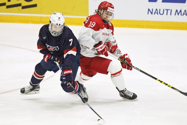 Matthew Tkachuk of the U.S, left, escapes from Denmark's Nikolaj Krag during the 2016 IIHF World Junior U20 Ice Hockey Championships tournament match between Denmark and USA in Helsinki, Finland, Thursday, Dec. 31, 2015. (Roni Rekomaa/Lehtikuva via AP)       FINLAND OUT