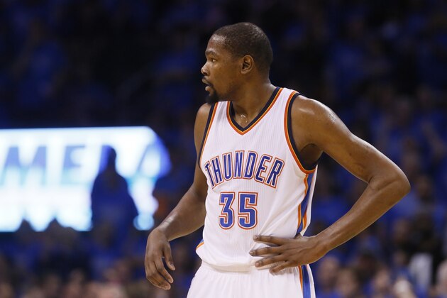 Oklahoma City Thunder forward Kevin Durant is pictured in the third quarter in Game 6 of the NBA basketball Western Conference finals between the Golden State Warriors and the Oklahoma City Thunder in Oklahoma City, Saturday, May 28, 2016. (AP Photo//Sue Ogrocki)