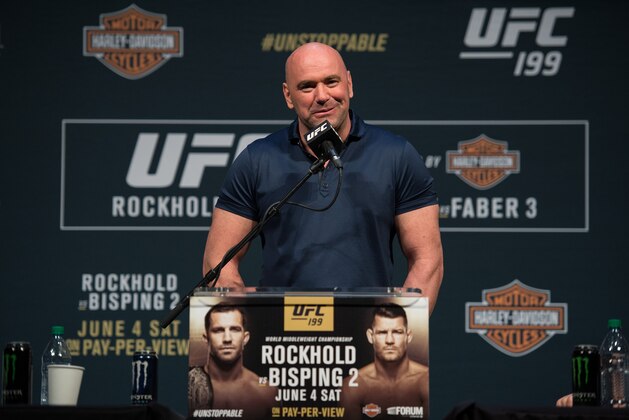 INGLEWOOD, CA - JUNE 02:   UFC President Dana White speaks to the media during the UFC 199: Press Conference at the Forum on June 2, 2016 in Inglewood, California. (Photo by Brandon Magnus/Zuffa LLC/Zuffa LLC via Getty Images)