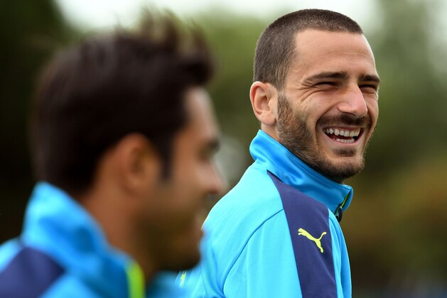 Italy's defender Leonardo Bonucci laughs during a training session in Montpellier on June 18, 2016 during the Euro 2016 football tournament. / AFP / VINCENZO PINTO        (Photo credit should read VINCENZO PINTO/AFP/Getty Images)