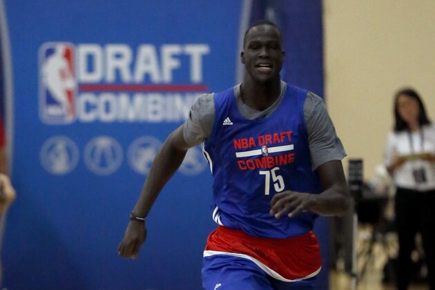 Thon Maker, from Orangeville Prep-Athlete Institute, participates in the NBA draft basketball combine Friday, May 13, 2016, in Chicago. (AP Photo/Charles Rex Arbogast)