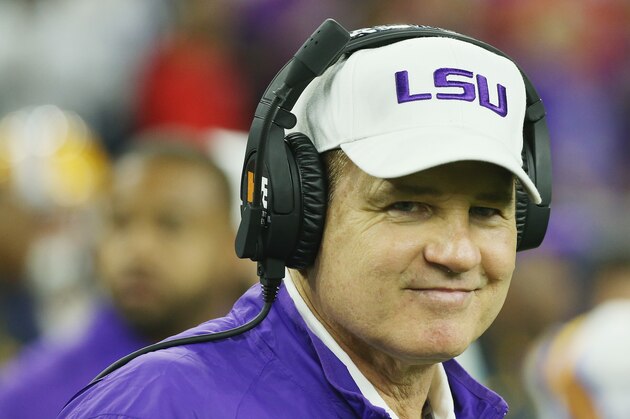 HOUSTON, TX - DECEMBER 29:  Head coach Les Miles of the LSU Tigers waits near the bench area before the start of their game against the Texas Tech Red Raiders during the AdvoCare V100 Texas Bowl at NRG Stadium on December 29, 2015 in Houston, Texas.  (Photo by Scott Halleran/Getty Images)