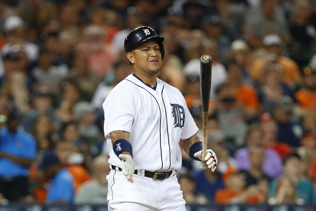Detroit Tigers' Miguel Cabrera reacts to striking out against the Seattle Mariners in the sixth inning of a baseball game in Detroit, Monday, June 20, 2016. (AP Photo/Paul Sancya)