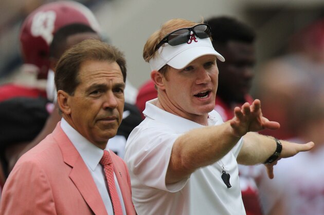 Apr 18, 2015; Tuscaloosa, AL, USA; Alabama Crimson Tide head coach Nick Saban and Alabama Crimson Tide strength and conditioning coach Scott Cochran during the A-day game at Bryant Denny Stadium. Mandatory Credit: Marvin Gentry-USA TODAY Sports