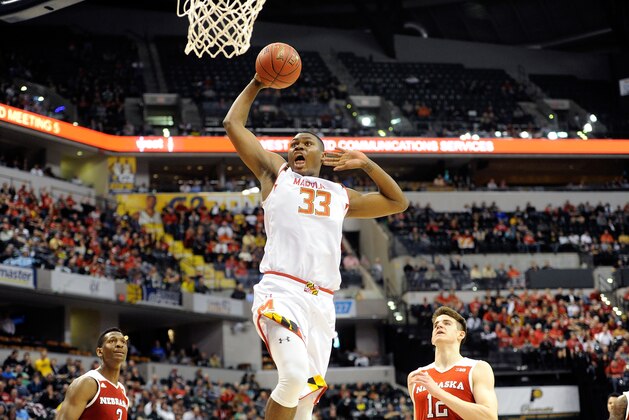 INDIANAPOLIS, IN - MARCH 11:  Diamond Stone #33 of the Maryland Terrapins dunks the ball against the Nebraska Cornhuskers in the quarterfinal round of the Big Ten Basketball Tournament at Bankers Life Fieldhouse on March 11, 2016 in Indianapolis, Indiana.  (Photo by G Fiume/Maryland Terrapins/Getty Images)