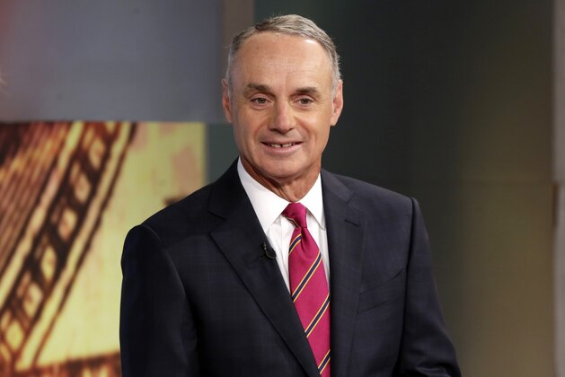 Major League Baseball Commissioner Rob Manfred is interviewed by Maria Bartiromo during her