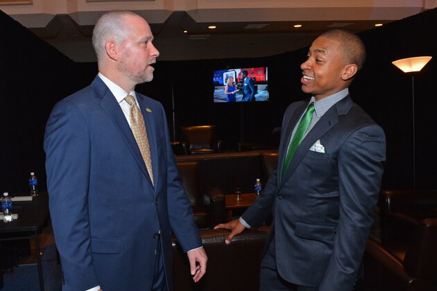 NEW YORK, NEW YORK - MAY 17:  Michael Malone of the Denver Nuggets talks to Isaiah Thomas #4 of the Boston Celtics during the 2016 NBA Draft Lottery at the New York Hilton in New York, New York. NOTE TO USER: User expressly acknowledges and agrees that, by downloading and or using this Photograph, user is consenting to the terms and conditions of the Getty Images License Agreement.  Mandatory Copyright Notice: Copyright 2016 NBAE (Photo by David Dow/NBAE via Getty Images)