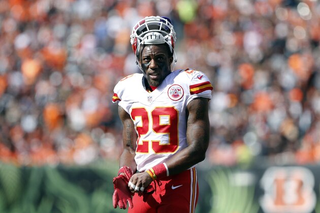 Oct 4, 2015; Cincinnati, OH, USA; Kansas City Chiefs free safety Eric Berry (29) looks on during a stop in play against the Cincinnati Bengals at Paul Brown Stadium. The Bengals won 36-21. Mandatory Credit: Aaron Doster-USA TODAY Sports