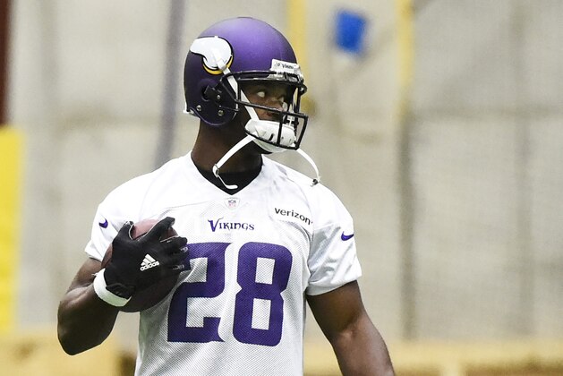 Minnesota Vikings running back Adrian Peterson works out during NFL football practice in Eden Prairie, Minn., Wednesday, May 25, 2016. (AP Photo/Craig Lassig)