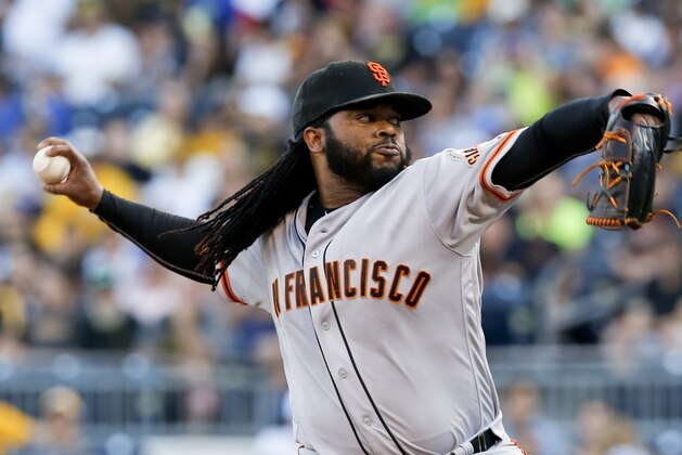 San Francisco Giants starting pitcher Johnny Cueto throws against the Pittsburgh Pirates in the first inning of a baseball game, Tuesday, June 21, 2016, in Pittsburgh. (AP Photo/Keith Srakocic)