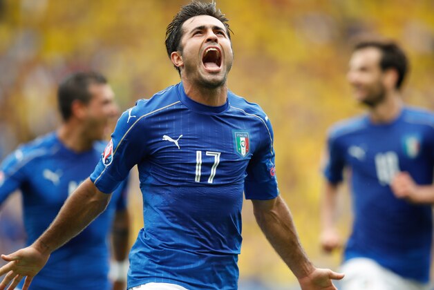 Italy's Eder celebrates after scoring the opening goal during the Euro 2016 Group E soccer match between Italy and Sweden at the Stadium municipal in Toulouse, France, Friday, June 17, 2016. (AP Photo/Andrew Medichini)