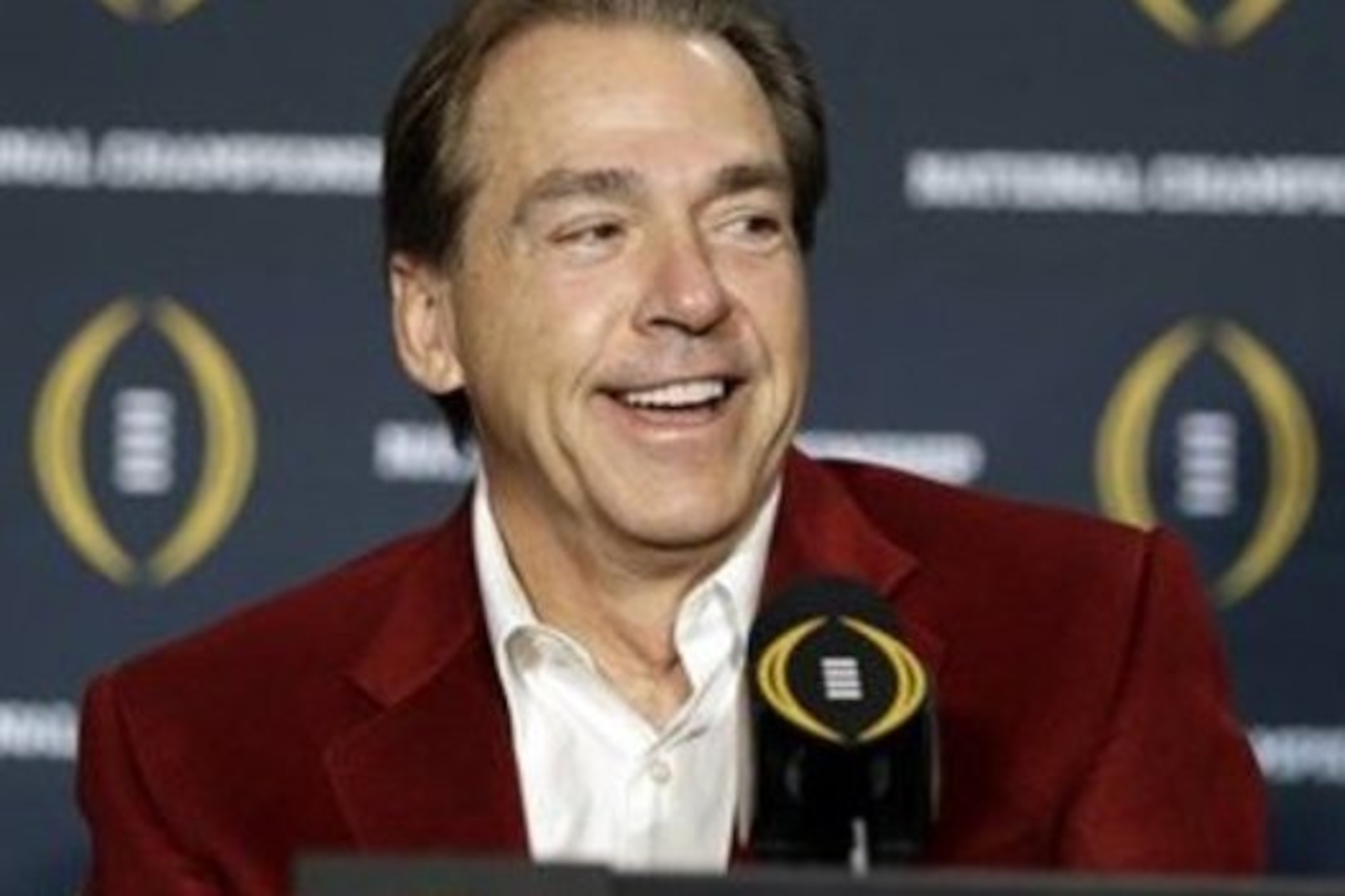 Alabama head coach Nick Saban smiles during a news conference for the NCAA college football playoff championship Tuesday, Jan. 12, 2016, in Scottsdale, Ariz. Alabama beat Clemson 45-40 to win the championship. (AP Photo/David J. Phillip)