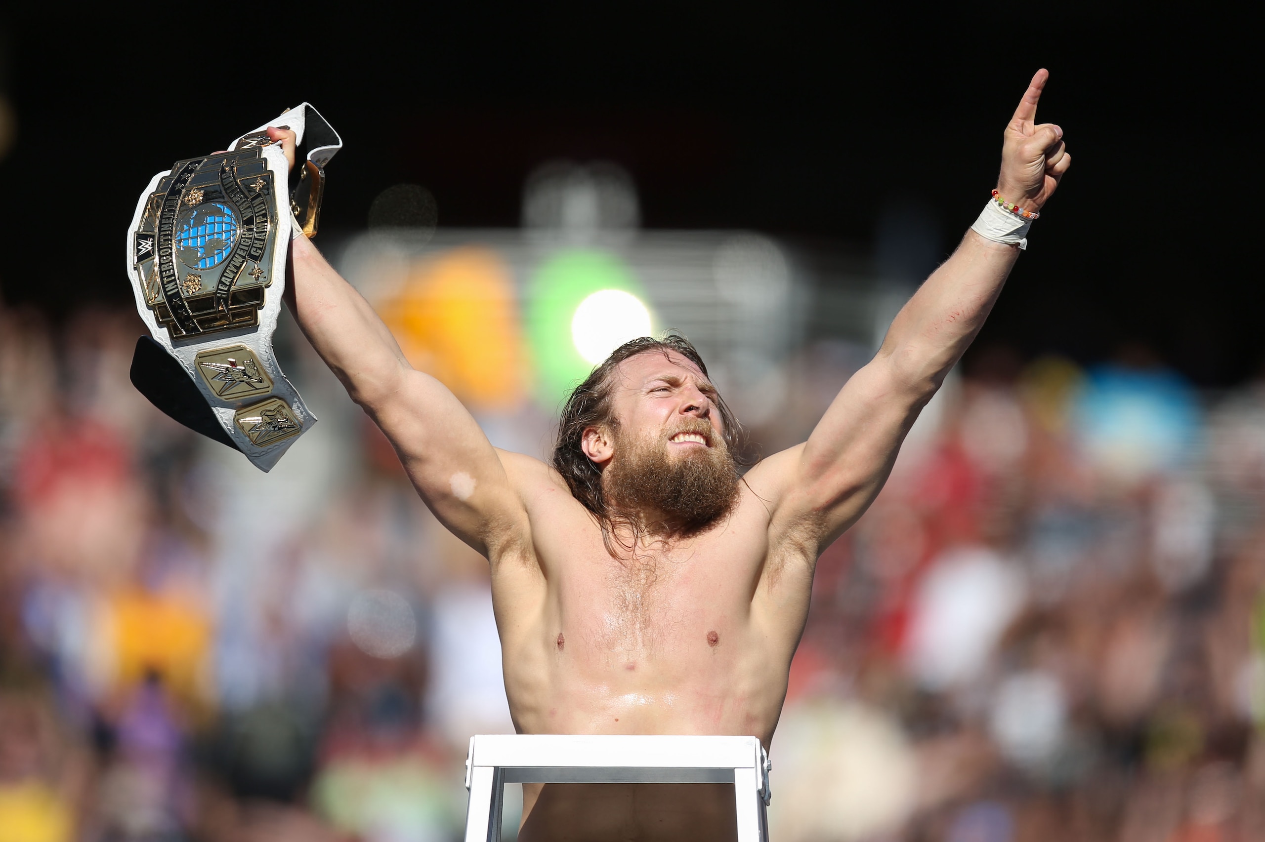 WWE Superstar Daniel Bryan celebrates becoming the new Intercontinental Champion at WrestleMania 31 at Levi's Stadium. on Sunday, March 29, 2015 in Santa Clara, CA. WrestleMania broke the Levi’s Stadium attendance record at 76,976 fans from all 50 states and 40 countries. (Don Feria/AP Images for WWE) WWE Superstar Daniel Bryan celebrates becoming the new Intercontinental Champion at WrestleMania 31 at Levi's Stadium. on Sunday, March 29, 2015 in Santa Clara, CA. WrestleMania broke the Levi’s Stadium attendance record at 76,976 fans from all 50 states and 40 countries. (Don Feria/AP Images for WWE)
