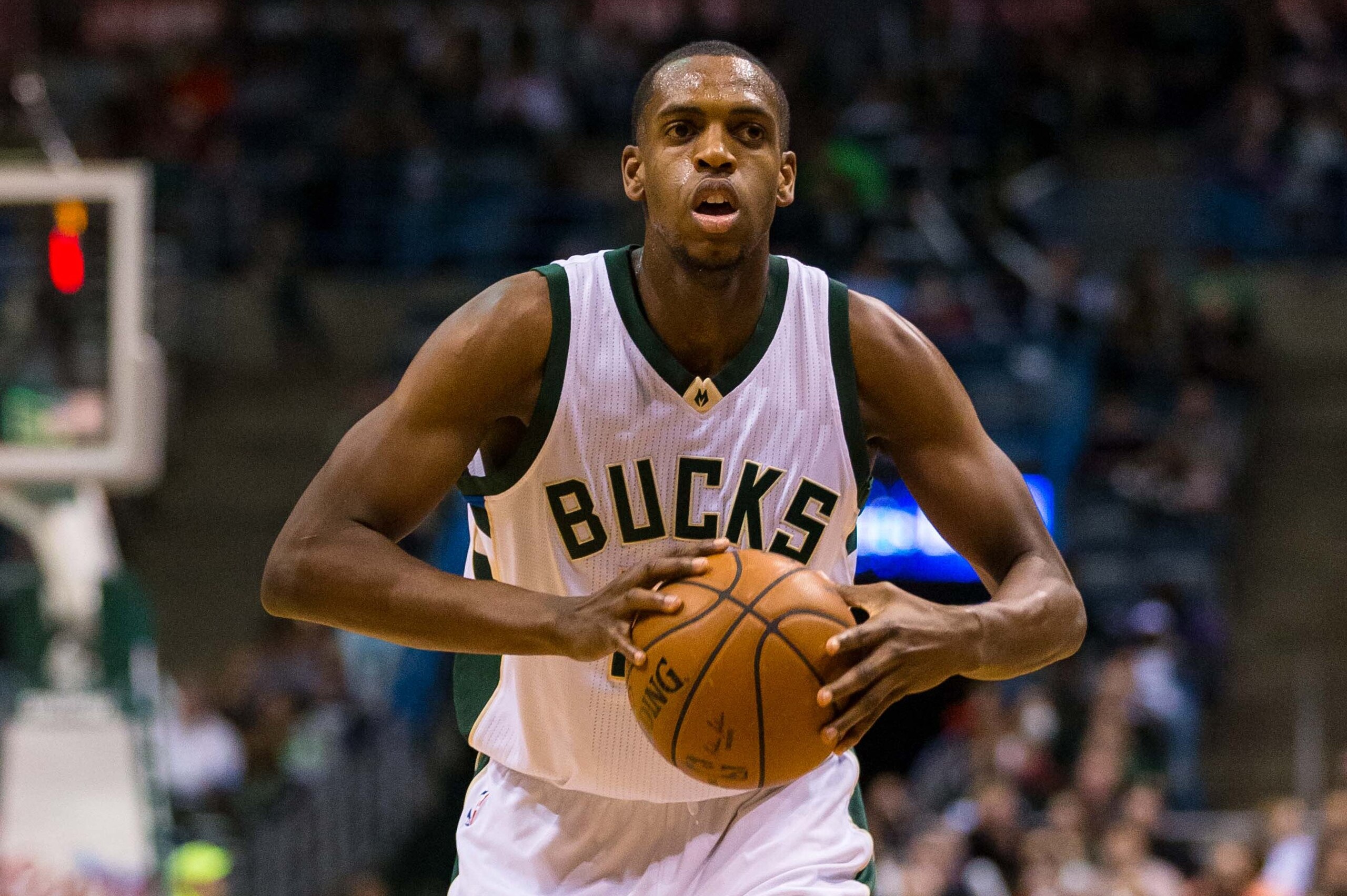 Mar 26, 2016; Milwaukee, WI, USA; Milwaukee Bucks guard Khris Middleton (22) during the game against the Charlotte Hornets at BMO Harris Bradley Center.  Charlotte won 115-91.  Mandatory Credit: Jeff Hanisch-USA TODAY Sports