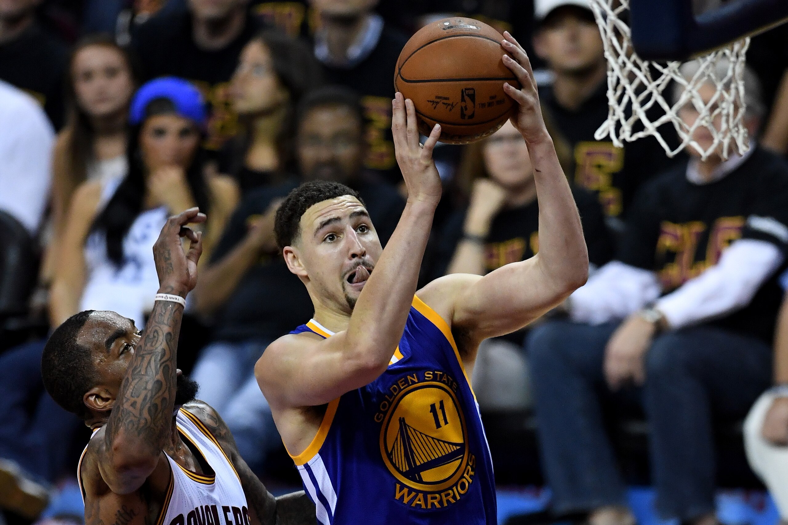 CLEVELAND, OH - JUNE 16: Klay Thompson #11 of the Golden State Warriors drives to the basket against the Cleveland Cavaliers in the second half in Game 6 of the 2016 NBA Finals at Quicken Loans Arena on June 16, 2016 in Cleveland, Ohio. NOTE TO USER: User expressly acknowledges and agrees that, by downloading and or using this photograph, User is consenting to the terms and conditions of the Getty Images License Agreement. (Photo by Jason Miller/Getty Images) CLEVELAND, OH - JUNE 16: Klay Thompson #11 of the Golden State Warriors drives to the basket against the Cleveland Cavaliers in the second half in Game 6 of the 2016 NBA Finals at Quicken Loans Arena on June 16, 2016 in Cleveland, Ohio. NOTE TO USER: User expressly acknowledges and agrees that, by downloading and or using this photograph, User is consenting to the terms and conditions of the Getty Images License Agreement. (Photo by Jason Miller/Getty Images)