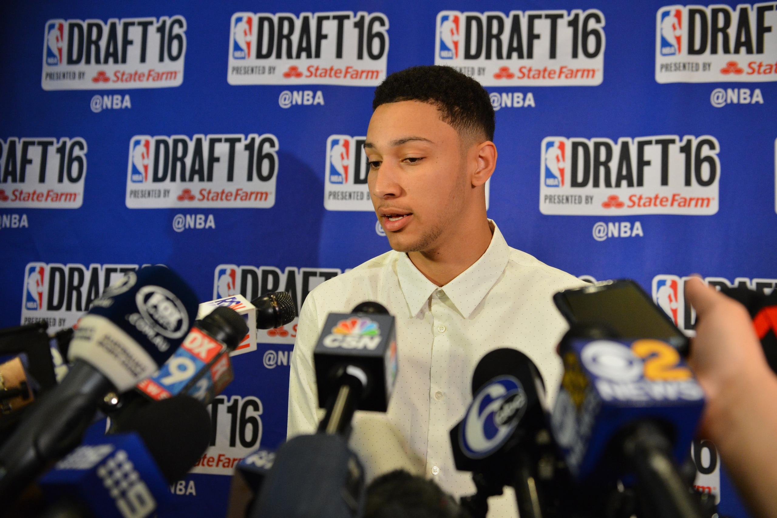 NEW YORK - JUNE 22: NBA Draft Prospect, Ben Simmons speaks to the media during media availability as part of the 2016 NBA Draft on June 22, 2016 at the Grand Hyatt New York in New York City. NOTE TO USER: User expressly acknowledges and agrees that, by downloading and/or using this photograph, user is consenting to the terms and conditions of the Getty Images License Agreement.  Mandatory Copyright Notice: Copyright 2016 NBAE (Photo by David Dow/NBAE via Getty Images)