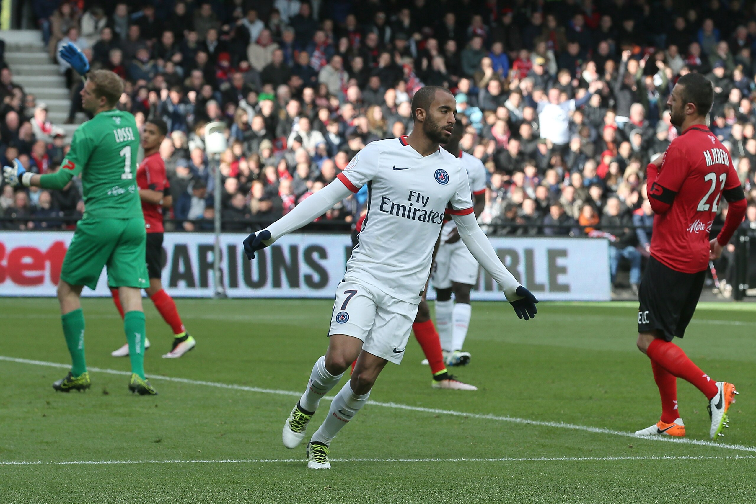 Paris Saint Germain's Brazilian forward Lucas Moura celebrates his second goal during his French League One soccer match against Guingamp, Saturday, April 9, 2016, in Guingamp, western France. PSG won 2-0. (AP Photo/David Vincent)