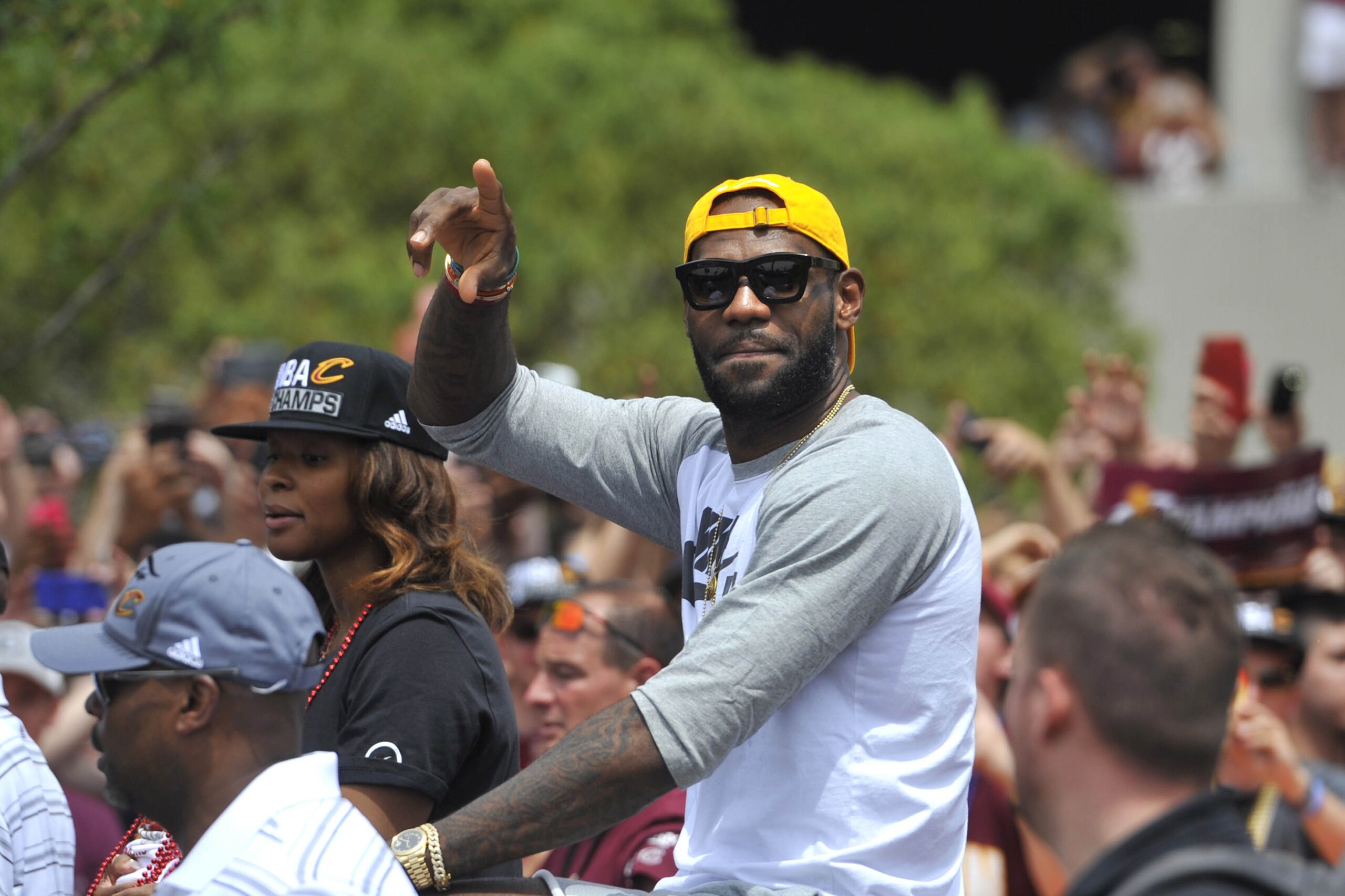 Jun 22, 2016; Cleveland, OH, USA; Cleveland Cavaliers forward LeBron James celebrates during the NBA championship parade in downtown Cleveland. Mandatory Credit: David Richard-USA TODAY Sports