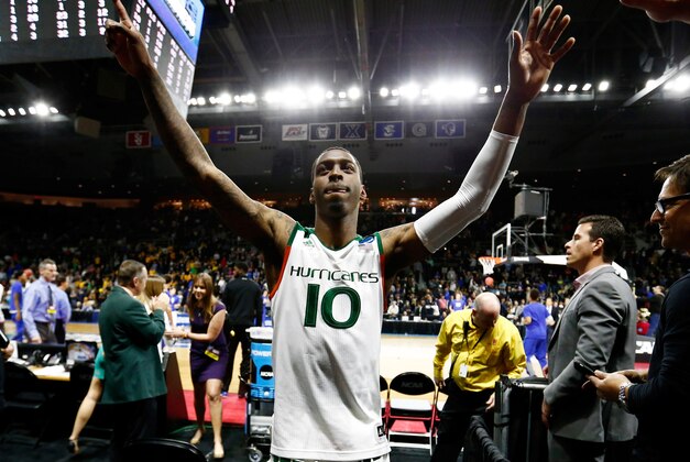 Mar 19, 2016; Providence, RI, USA; Miami (Fl) Hurricanes guard Sheldon McClellan (10) waves to the crowd after the Hurricanes victory over the Wichita State Shockers during a second round game of the 2016 NCAA Tournament at Dunkin Donuts Center. Miami won 65-57. Mandatory Credit: Mark L. Baer-USA TODAY Sports