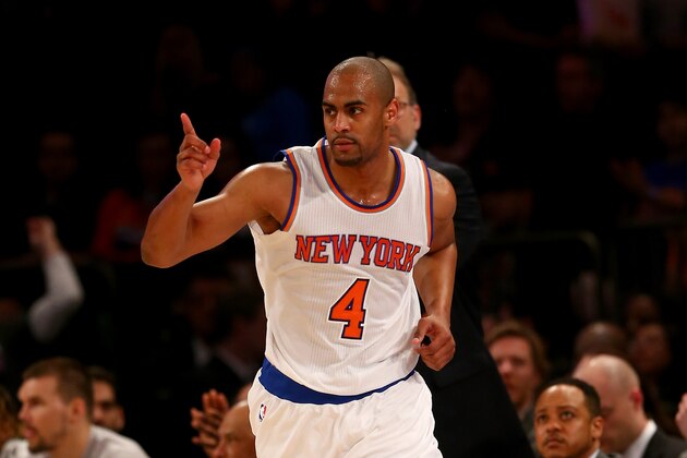 NEW YORK, NY - APRIL 01:  Arron Afflalo #4 of the New York Knicks celebrates his shot in the second half against the Brooklyn Nets at Madison Square Garden on April 1, 2016 in New York City. NOTE TO USER: User expressly acknowledges and agrees that, by downloading and or using this photograph, User is consenting to the terms and conditions of the Getty Images License Agreement.  (Photo by Elsa/Getty Images)