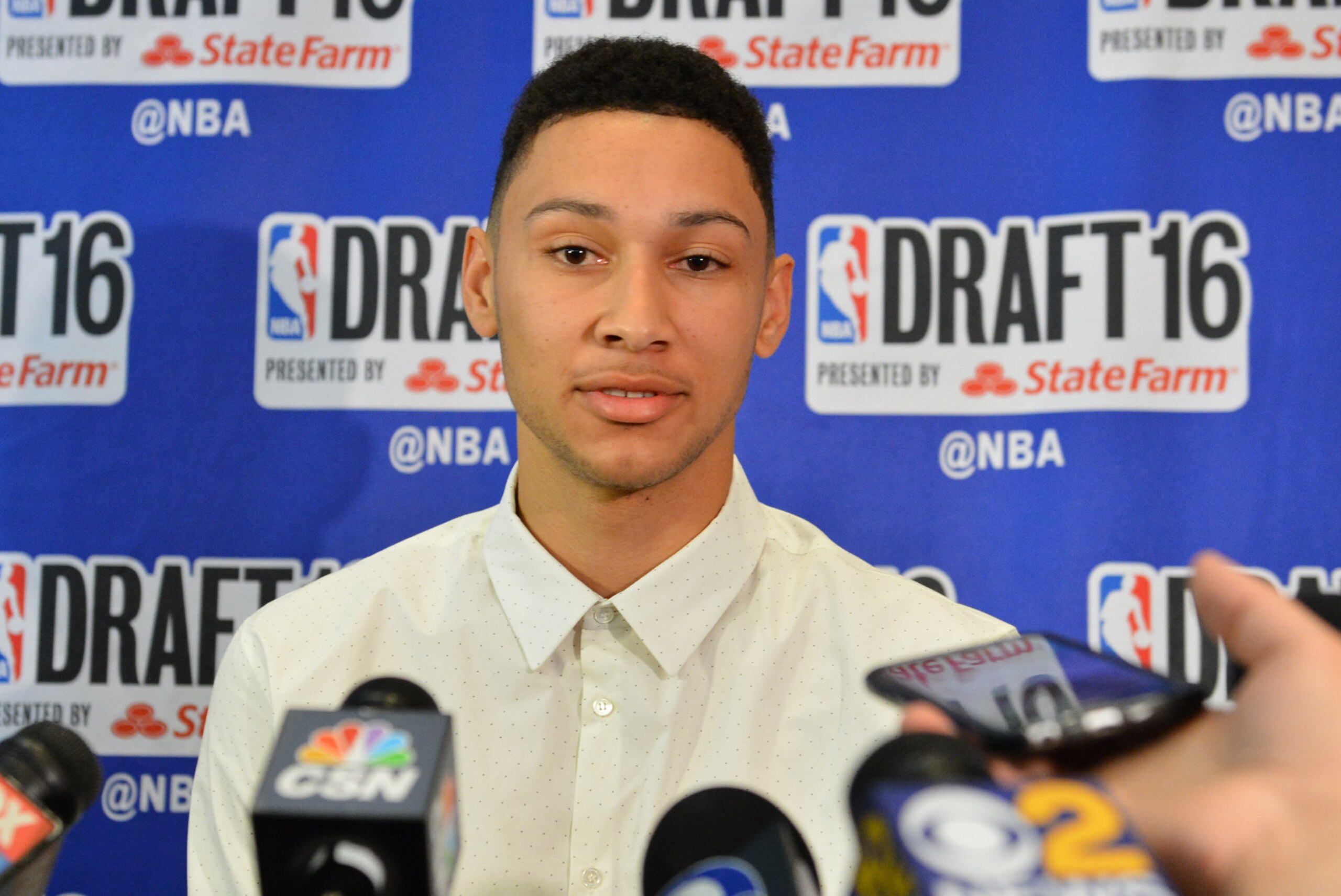 NEW YORK - JUNE 22: NBA Draft Prospect, Ben Simmons speaks to the media during media availability as part of the 2016 NBA Draft on June 22, 2016 at the Grand Hyatt New York in New York City. NOTE TO USER: User expressly acknowledges and agrees that, by downloading and/or using this photograph, user is consenting to the terms and conditions of the Getty Images License Agreement.  Mandatory Copyright Notice: Copyright 2016 NBAE (Photo by David Dow/NBAE via Getty Images)
