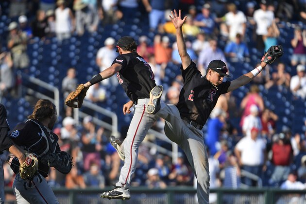 Texas Tech's Tyler Floyd, left, Michael Davis, center, and Orlando Garcia, right, celebrate after defeating Florida in an NCAA College World Series baseball game Tuesday, June 21, 2016, in Omaha, Neb. Texas Tech won 3-2. (AP Photo/Ted Kirk) Texas Tech's Tyler Floyd, left, Michael Davis, center, and Orlando Garcia, right, celebrate after defeating Florida in an NCAA College World Series baseball game Tuesday, June 21, 2016, in Omaha, Neb. Texas Tech won 3-2. (AP Photo/Ted Kirk)