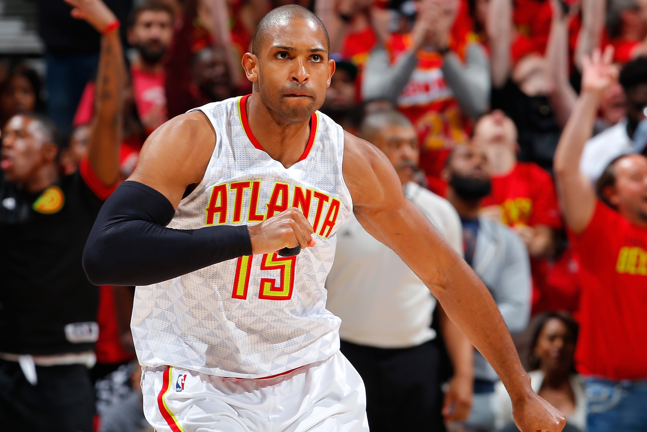 ATLANTA, GA - MAY 06: Al Horford #15 of the Atlanta Hawks reacts after hitting a three-point basket against the Cleveland Cavaliers in Game Three of the Eastern Conference Semifinals during the 2016 NBA Playoffs at Philips Arena on May 6, 2016 in Atlanta, Georgia. NOTE TO USER User expressly acknowledges and agrees that, by downloading and or using this photograph, user is consenting to the terms and conditions of the Getty Images License Agreement. (Photo by Kevin C. Cox/Getty Images) ATLANTA, GA - MAY 06: Al Horford #15 of the Atlanta Hawks reacts after hitting a three-point basket against the Cleveland Cavaliers in Game Three of the Eastern Conference Semifinals during the 2016 NBA Playoffs at Philips Arena on May 6, 2016 in Atlanta, Georgia. NOTE TO USER User expressly acknowledges and agrees that, by downloading and or using this photograph, user is consenting to the terms and conditions of the Getty Images License Agreement. (Photo by Kevin C. Cox/Getty Images)