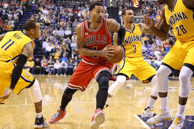 INDIANAPOLIS, INDIANA - MARCH 29:  Derrick Rose #1 of the Chicago Bulls dribbles the ball during the game against the Indiana Pacers at Bankers Life Fieldhouse on March 29, 2016 in Indianapolis, Indiana. NOTE TO USER: User expressly acknowledges and agrees that, by downloading and or using this photograph, User is consenting to the terms and conditions of the Getty Images License Agreement.  (Photo by Andy Lyons/Getty Images)