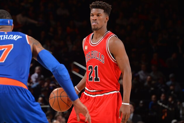 NEW YORK,NY - MARCH 24: Jimmy Butler #21 of the Chicago Bulls controls the ball against the New York Knicks at Madison Square Garden on March 24, 2016 in New York,New York NOTE TO USER: User expressly acknowledges and agrees that, by downloading and/or using this Photograph, user is consenting to the terms and conditions of the Getty Images License Agreement. Mandatory Copyright Notice: Copyright 2016 NBAE (Photo by Jesse D. Garrabrant/NBAE via Getty Images)