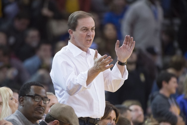 December 18, 2015; Oakland, CA, USA; Golden State Warriors owner Joe Lacob celebrates during the fourth quarter against the Milwaukee Bucks at Oracle Arena. The Warriors defeated the Bucks 121-112. Mandatory Credit: Kyle Terada-USA TODAY Sports