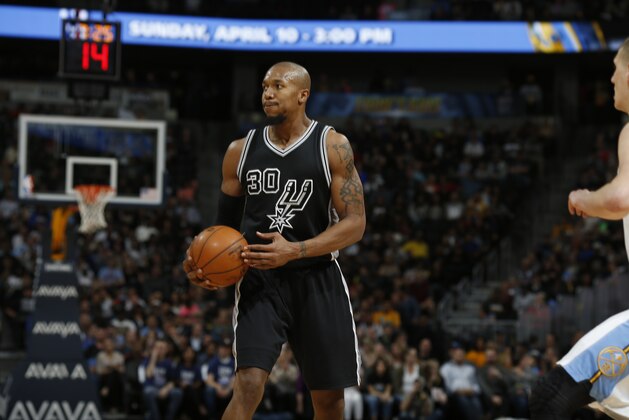 San Antonio Spurs forward David West (30) in the second half of an NBA basketball game Friday, April 8, 2016, in Denver. The Nuggets won 102-98. (AP Photo/David Zalubowski)