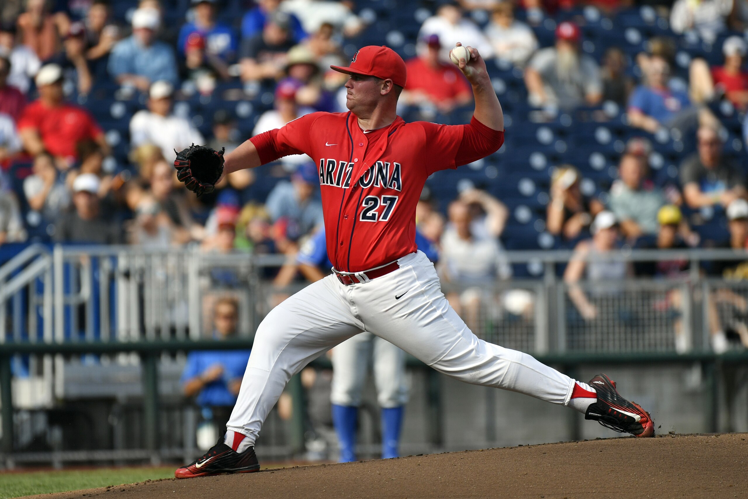 Arizona pitcher JC Cloney throws during the first inning of an NCAA College World Series baseball game against UC Santa Barbara, Wednesday, June 22, 2016, in Omaha, Neb. (AP Photo/Ted Kirk)
