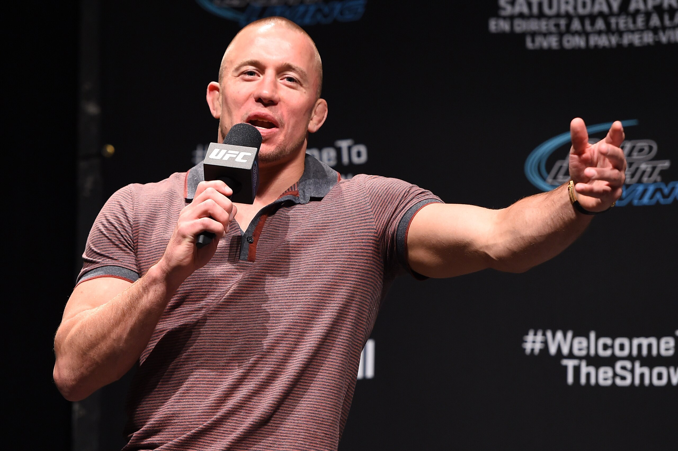 MONTREAL, QC - APRIL 24: Former UFC welterweight champion Georges St-Pierre interacts with fans during a Q&A session before the UFC 186 weigh-in at Metropolis on April 24, 2015 in Montreal, Quebec, Canada. (Photo by Josh Hedges/Zuffa LLC/Zuffa LLC via Getty Images) MONTREAL, QC - APRIL 24: Former UFC welterweight champion Georges St-Pierre interacts with fans during a Q&A session before the UFC 186 weigh-in at Metropolis on April 24, 2015 in Montreal, Quebec, Canada. (Photo by Josh Hedges/Zuffa LLC/Zuffa LLC via Getty Images)