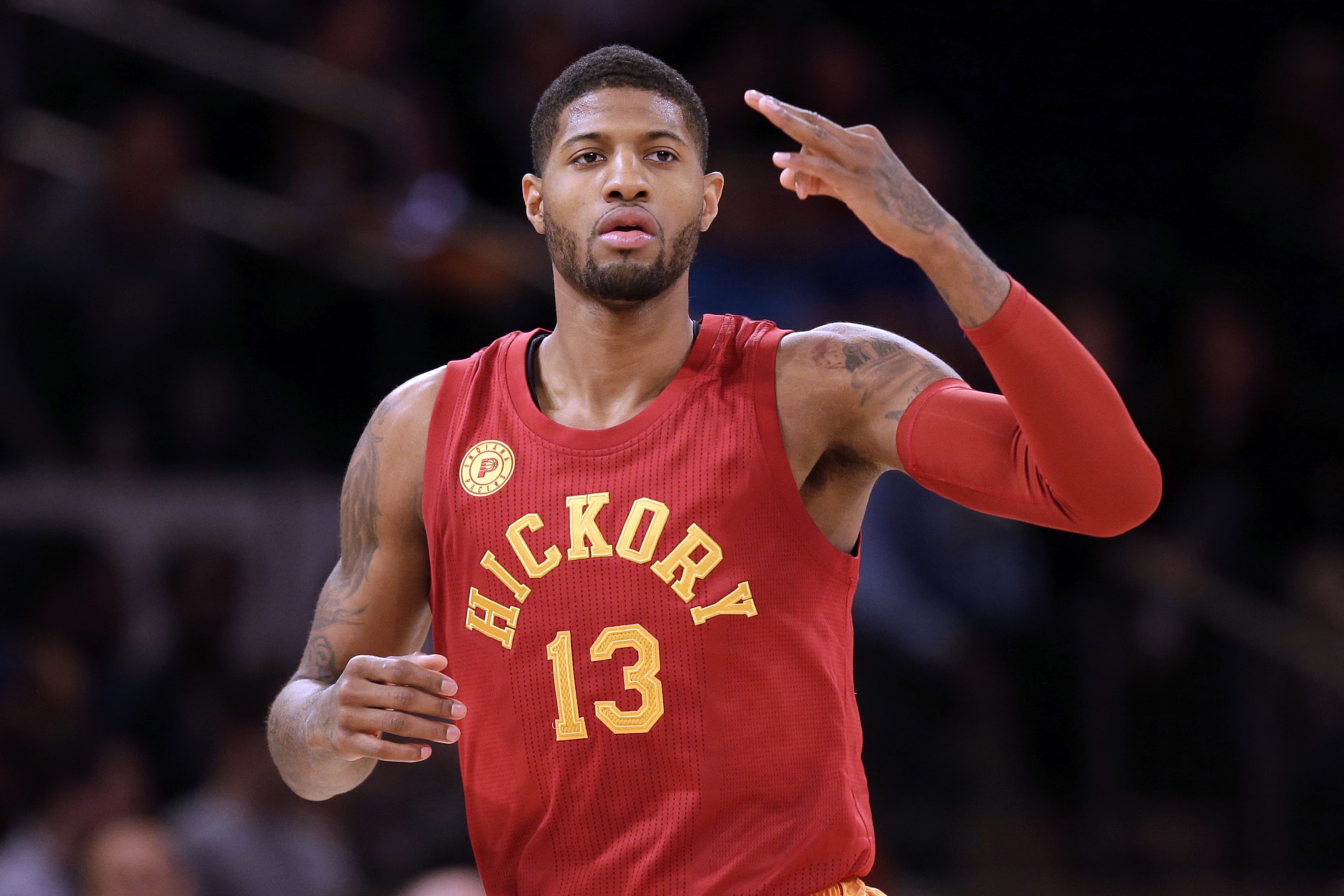 Indiana Pacers' Paul George reacts after making a three-point basket during the second half of the NBA basketball game against the New York Knicks, Sunday, April 3, 2016 in New York. The Pacers defeated the Knicks 92-87. (AP Photo/Seth Wenig)