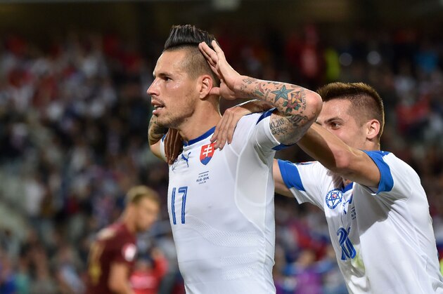 Slovakia's midfielder Marek Hamsik celebrates his goal during the Euro 2016 group B football match between Russia and Slovakia at the Pierre-Mauroy Stadium in Villeneuve-d'Ascq, near Lille, on June 15, 2016. / AFP / PHILIPPE HUGUEN        (Photo credit should read PHILIPPE HUGUEN/AFP/Getty Images)